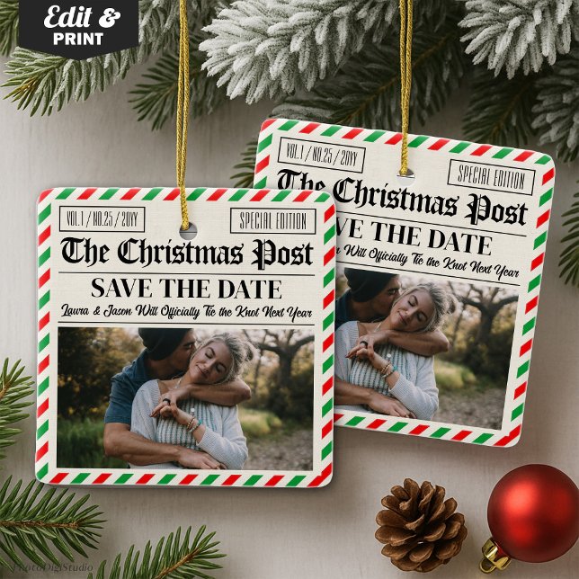 Adorno De Cerámica Custom Christmas Wedding Announcement Newspaper (Custom Christmas Wedding Announcement Newspaper Ceramic Ornament)