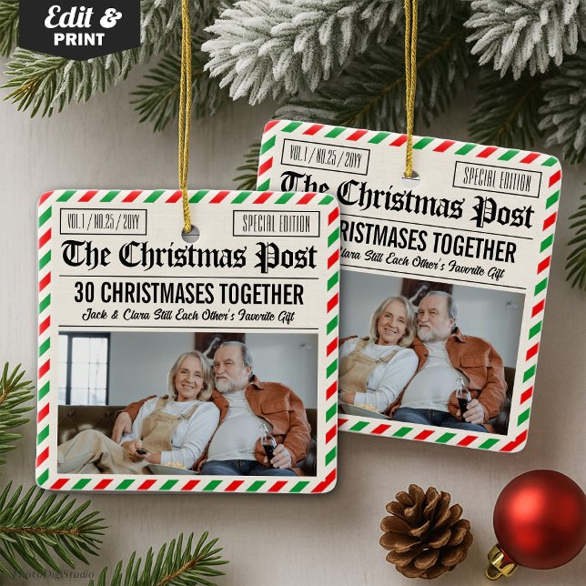 Adorno De Cerámica Custom Couple Anniversary Gift Christmas Newspaper (Custom Couple Anniversary Gift Christmas Newspaper Ceramic Ornament)