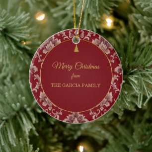 Adorno De Cerámica Custom Crimson Dusty Rose Damask Christmas.