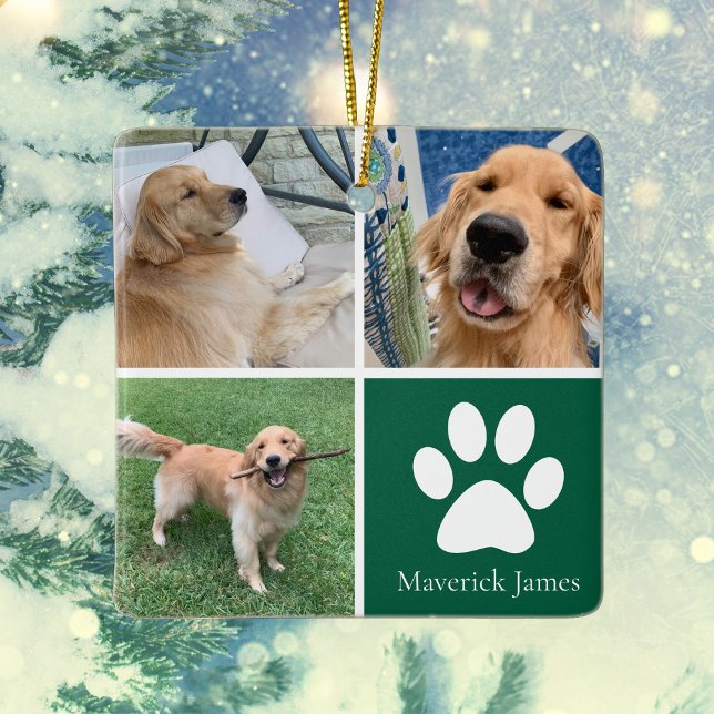 Adorno De Cerámica Custom Dog Photo Collage Cute Green Pet Christmas (Subido por el creador)
