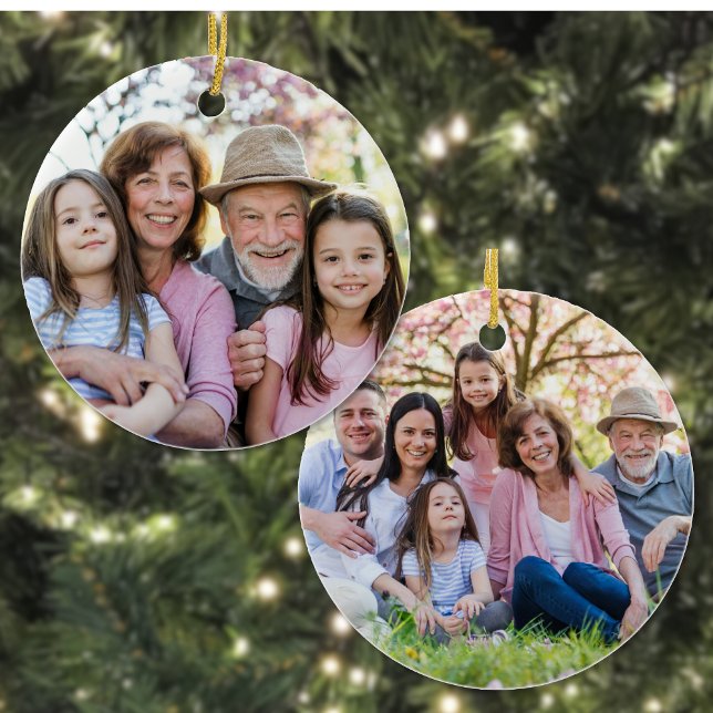Adorno De Cerámica Custom Double Sided Family Two Photo Christmas (Custom Double Sided Family Two Photo Christmas Ceramic Ornament)