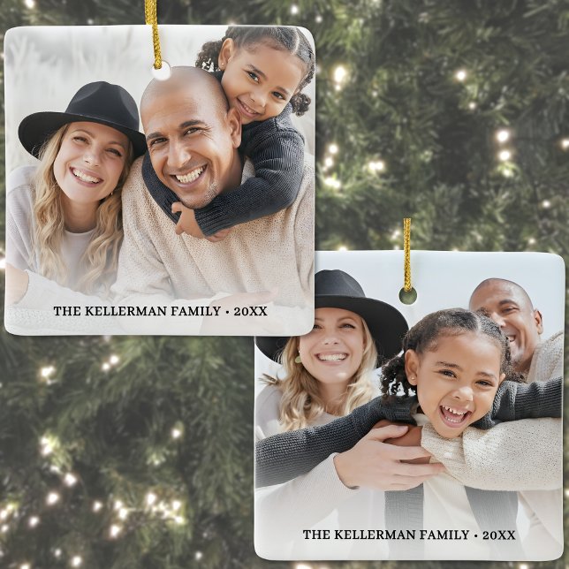 Adorno De Cerámica Custom Double Sided Family Two Photo Christmas (Custom Double Sided Family Two Photo Christmas Ceramic Ornament)