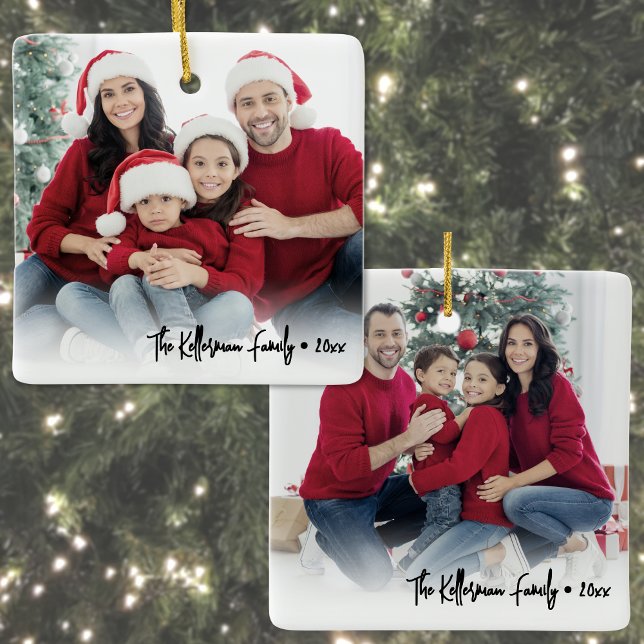 Adorno De Cerámica Custom Double Sided Family Two Photo Christmas (Custom Double Sided Family Two Photo Christmas Ceramic Ornament)