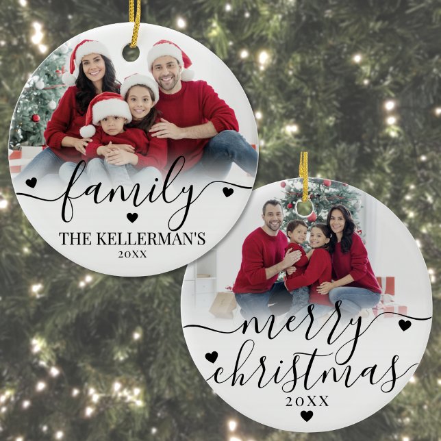 Adorno De Cerámica Custom Double Sided Family Two Photo Christmas (Custom Double Sided Family Two Photo Christmas Ceramic Ornament)
