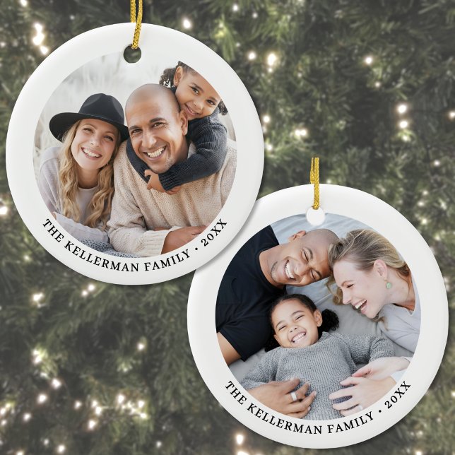 Adorno De Cerámica Custom Double Sided Family Two Photo Christmas (Custom Double Sided Family Two Photo Christmas Ceramic Ornament)