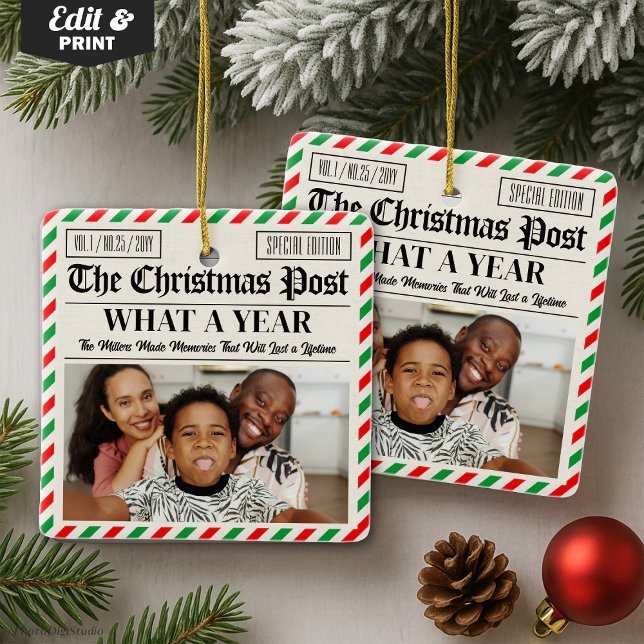 Adorno De Cerámica Custom Family Christmas Newspaper What a Year (Custom Family Christmas Newspaper What a Year Ceramic Ornament)