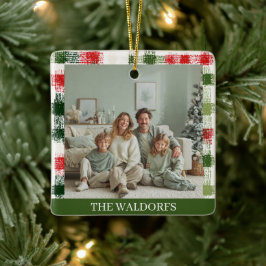 Adorno De Cerámica Custom Family Photo Red and Green Plaid Ornament