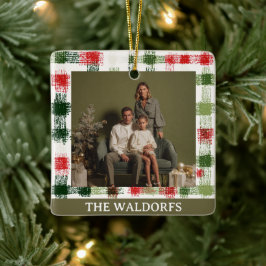 Adorno De Cerámica Custom Family Photo Red and Green Plaid Ornament