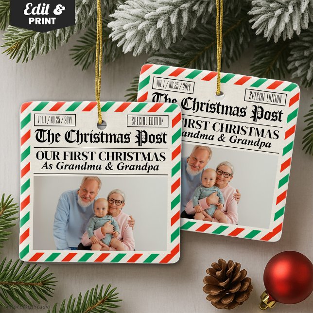 Adorno De Cerámica Custom Grandparents Our First Christmas Newspaper (Custom Grandparents Our First Christmas Newspaper Ceramic Ornament)