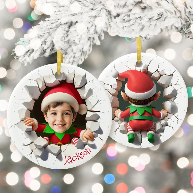 Adorno De Cerámica Custom Kids Face Photo Funny Christmas Elf Name (Funny custom kids face photo crashing Christmas elf personalized name keepsake holiday ornament gift)