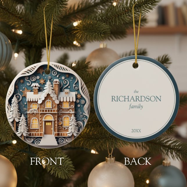 Adorno De Cerámica Custom Name 3D Gingerbread House Christmas (custom name 3D effect paper cut gingerbread house Christmas ornament)