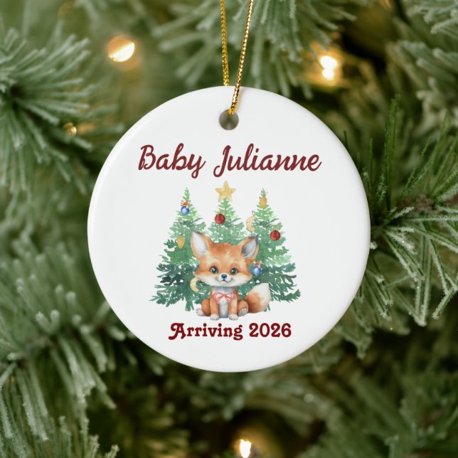 Adorno De Cerámica Custom Name Baby Announcement Fox Christmas (Árbol)