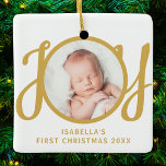 Adorno De Cerámica Custom Name First Christmas Photo Keepsake<br><div class="desc">This cute Baby's First Christmas Photo Ornament is decorated with the word JOY in stylish gold script typography on a white background.
Easily customizable with your photo,  name,  and year.</div>