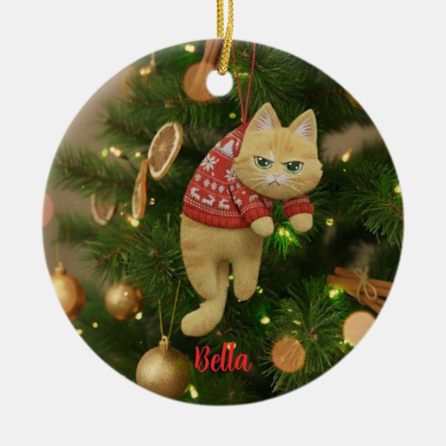 Adorno De Cerámica Custom Name Funny Grumpy Cat Christmas Ornament (Frente)