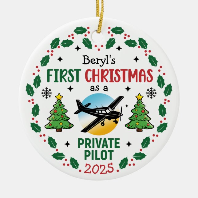 Adorno De Cerámica Custom Name Private Pilot First Christmas (Frente)