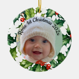 Adorno De Cerámica custom photo Christmas holly ceramic ornament