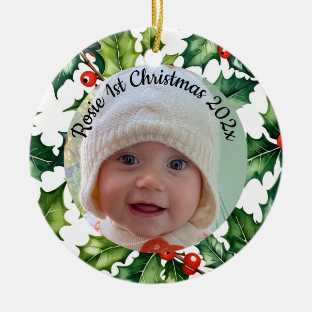 Adorno De Cerámica custom photo Christmas holly  ceramic ornament (Frente)