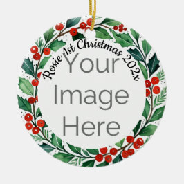Adorno De Cerámica custom photo Christmas holly  ceramic ornament