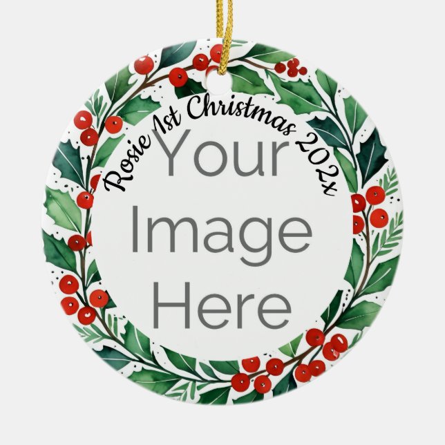 Adorno De Cerámica custom photo Christmas holly  ceramic ornament (Frente)