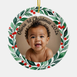 Adorno De Cerámica custom photo christmas holly  ceramic ornament