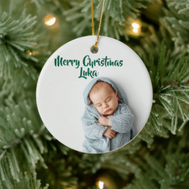 Adorno De Cerámica Custom Photo & Name Holiday Christmas Ornament