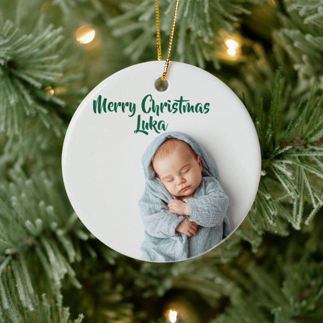 Adorno De Cerámica Custom Photo & Name Holiday Christmas Ornament (Árbol)