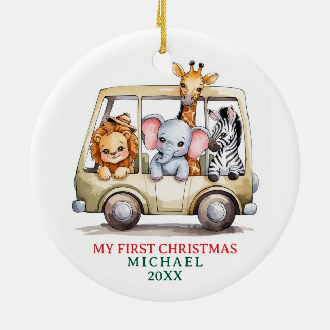 Adorno De Cerámica Custom Safari Animals Baby 1st First Christmas (Atrás)