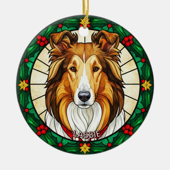 Adorno De Cerámica Custom Stained glass effect DOG'S name Christmas  (Frente)