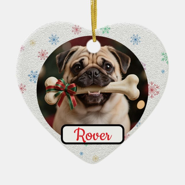Adorno De Cerámica Customisable Dog And Bone Pet Heart Christmas (Frente)