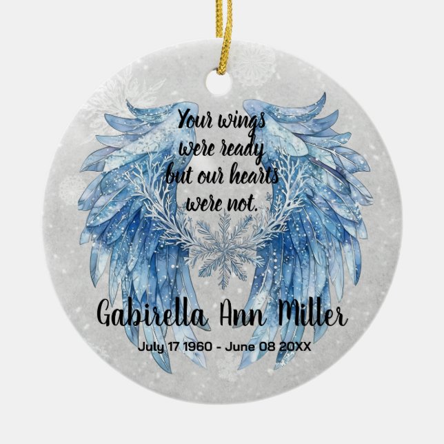 Adorno De Cerámica Customizable Angel Wings Memorial with Snowflake (Frente)