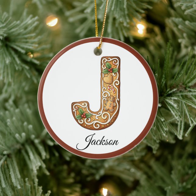 Adorno De Cerámica Customize Christmas Gingerbread Letter J Monogram (Árbol)