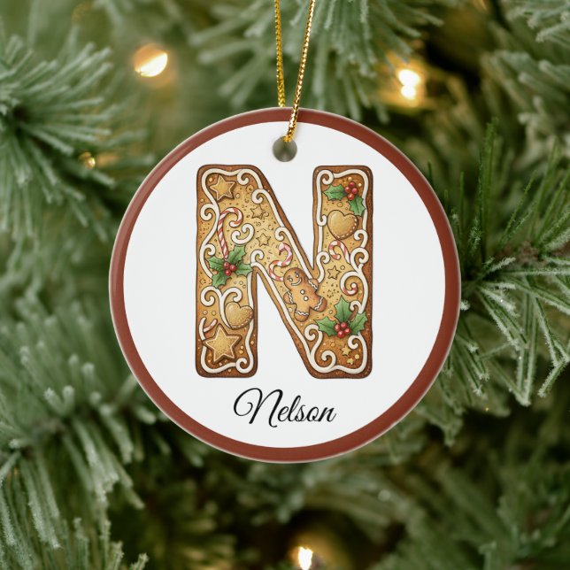 Adorno De Cerámica Customize Christmas Gingerbread Letter N Monogram (Árbol)