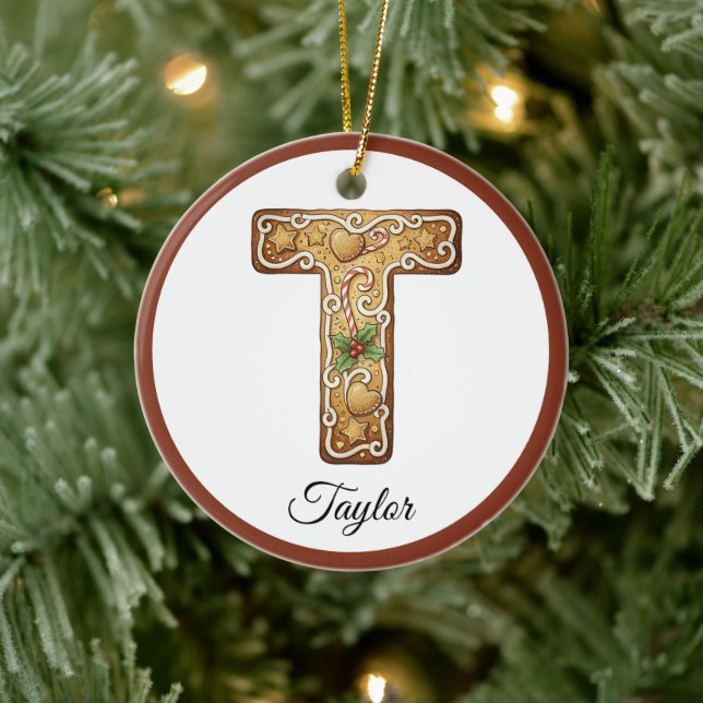 Adorno De Cerámica Customize Christmas Gingerbread Letter T Monogram (Árbol)