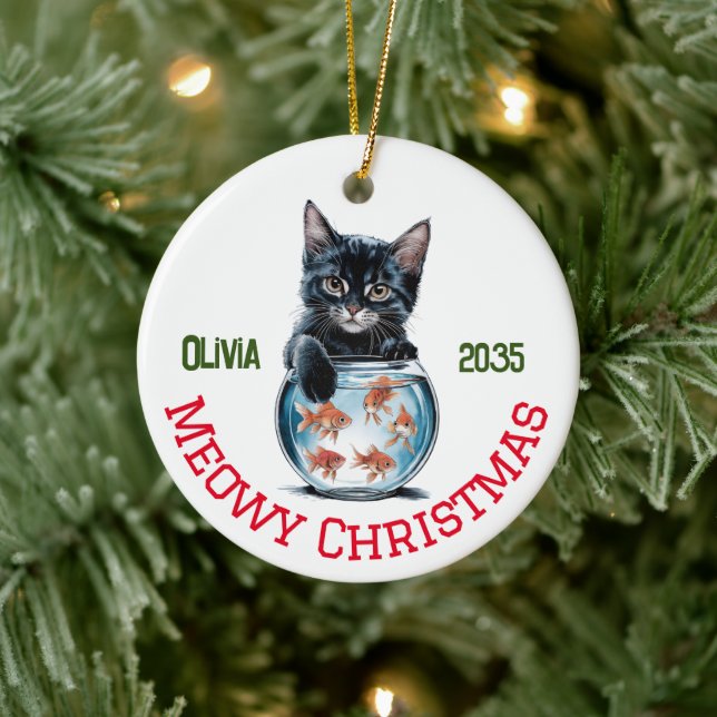 Adorno De Cerámica Cuta acuarela, gato travieso y pez dorado, diverti (Árbol)