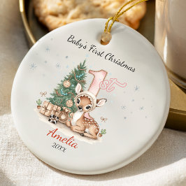 Adorno De Cerámica Cute baby deer first Christmas pink personalized 