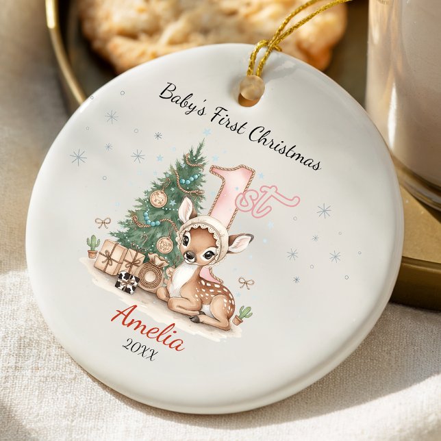 Adorno De Cerámica Cute baby deer first Christmas pink personalized  (Subido por el creador)