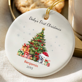 Adorno De Cerámica Cute baby first Christmas tree presents teddy bear