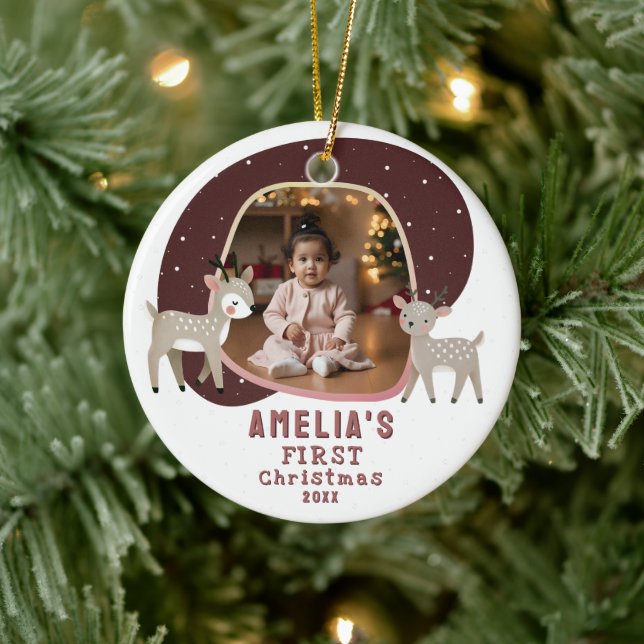 Adorno De Cerámica Cute Baby's 1st Christmas Photo Reindeer (Árbol)