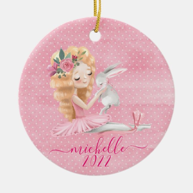 Adorno De Cerámica Cute Ballerina Bunny Nombre personalizado Watercol (Frente)