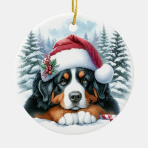 Adorno De Cerámica Cute Bernese Mountain Dog Santa Hat Watercolor