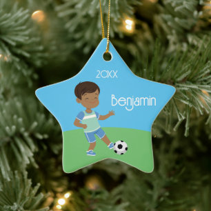 Adorno De Cerámica Cute Black Boy Soccer Personalized Christmas