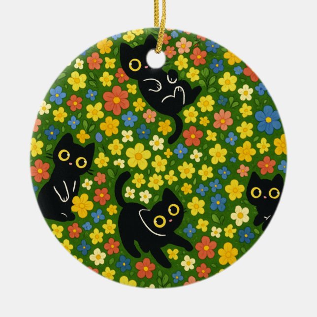 Adorno De Cerámica Cute Black Cats Floral Meadow Pattern (Frente)