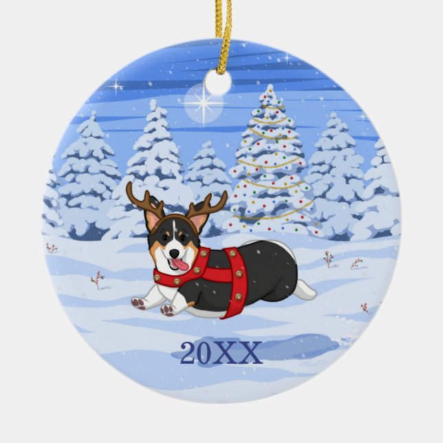 Adorno De Cerámica Cute Black Corgi Christmas Reindeer Costume (Frente)