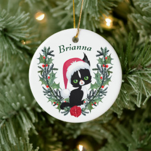 Adorno De Cerámica Cute Black Kitten Navidades Wreath