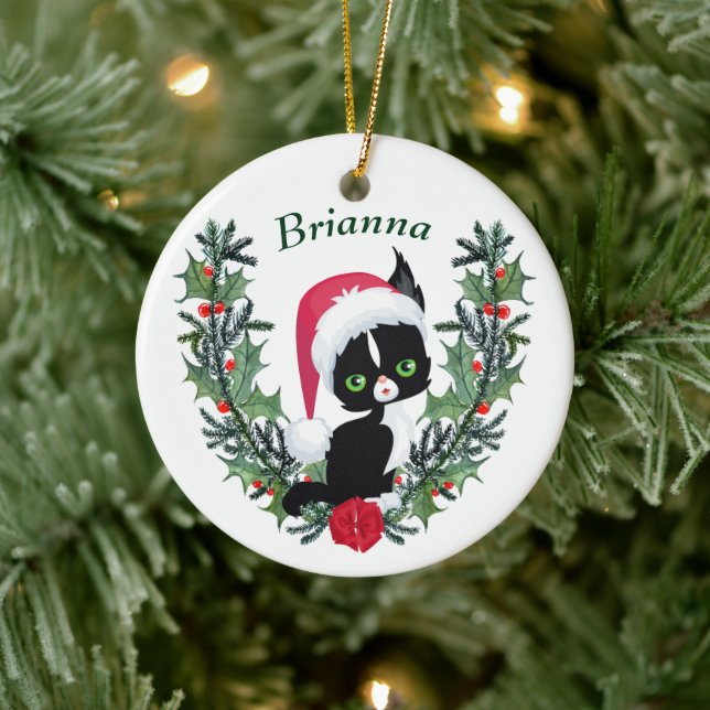 Adorno De Cerámica Cute Black Kitten Navidades Wreath (Árbol)