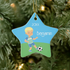 Adorno De Cerámica Cute Blonde Boy Soccer Personalized Christmas