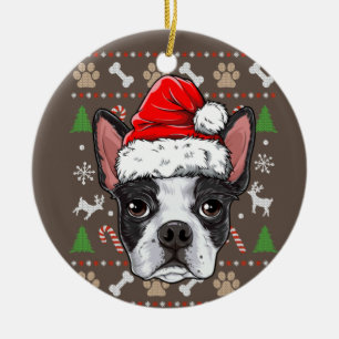 Adorno De Cerámica Cute Boston Terrier Ugly Christmas Sweater Santa