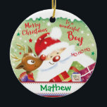 Adorno De Cerámica Cute Boy, Santa, Deer & Presents, Christmas<br><div class="desc">For a little boy, this Christmas, give the gift of this adorable ceramic ornament. A very sweet Santa with a fluffy white beard and the cutest little reindeer are depicted smiling at each other on the front of the ornament, with the words Merry Christmas to a wonderful Boy already printed...</div>