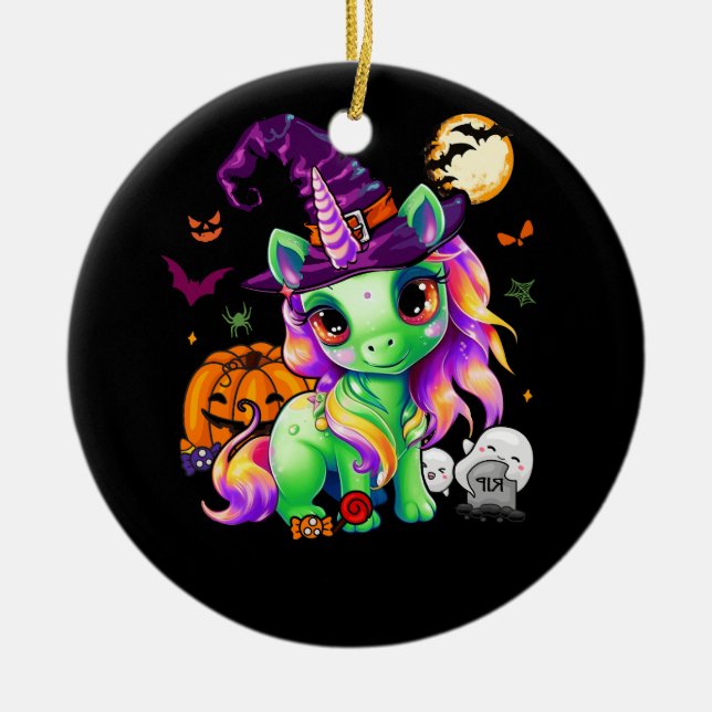 Adorno De Cerámica Cute Bruja Unicorn Halloween Bruja Zombie Calabaza (Frente)