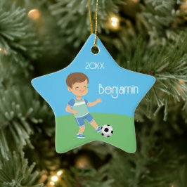 Adorno De Cerámica Cute Brunette Boy Soccer Personalized Christmas